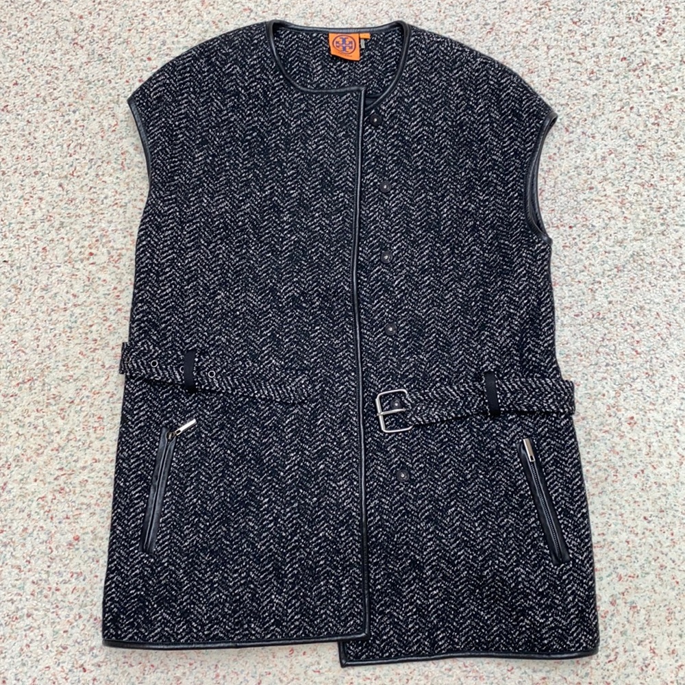Tory Burch Tweed Vest with Leather Trim